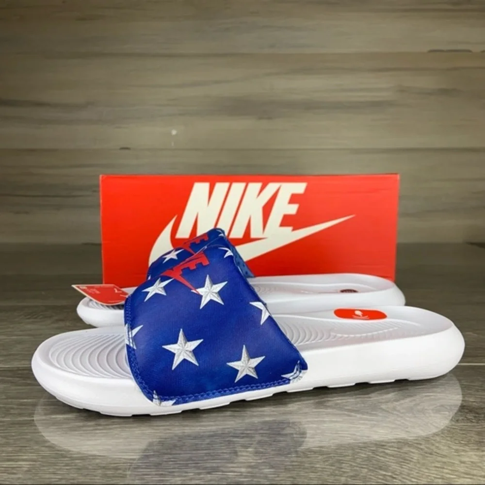 Red White Blue Patriotic USA Nike Star Print Slides,Mens 7, Womens 8.5